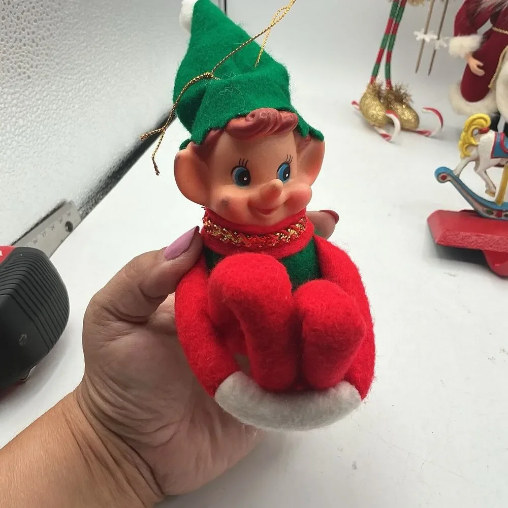 Vintage Knee Hugger Elf Christmas Ornament Pixie Felt Rubber Face 13”